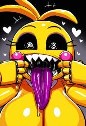 ai_generated animatronic animatronic_female big_breasts breasts cleavage fingers_in_mouth five_nights_at_freddy's five_nights_at_freddy's_2 gigantic_breasts huge_breasts imminent_cumshot imminent_oral lubbasdump open_mouth pulling_mouth sharp_teeth tongue tongue_out toy_chica_(fnaf)