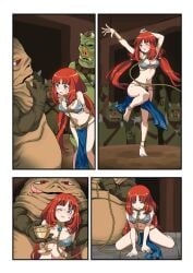 blush chain_leash chained chains dancing gamorrean gamorrean_guard genshin_impact harem_girl harem_outfit jabba_the_hutt nilou_(genshin_impact) red_hair slave slave_bikini slave_collar slave_girl slave_leia_(cosplay) star_wars