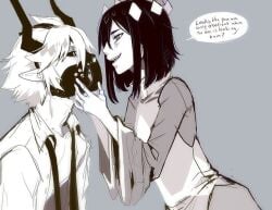 1boy 1boy1girl 1girls :p artist_request black_hair clothed demon devil devil_horns dominant dominant_female etihw funamusea god goddess i_love_eticalb kcalb loose_necktie muzzle_(object) muzzled source_request submissive submissive_male the_gray_garden white_body white_hair