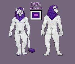anthro balls chastity_cage chastity_device color_swatch dipstick_tail facing_back facing_forward felid fluffy_balls fur genitals hi_res lion male mammal mane markings pantherine purple_eyes purple_mane purple_tail_tip reference_image smile smiling_at_viewer solo sunitai tail tail_markings white_body white_fur