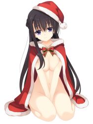1girls alternate_costume between_legs bow bowtie braid breasts breasts_squeezed_together cape christmas cleavage closed_mouth eyelashes eyes_visible_through_hair full_body fur-trimmed_cape fur-trimmed_headwear fur_trim groin hair_between_eyes half_up_braid hand_between_legs hat kaon_zz large_breasts long_hair looking_at_viewer naked_cape navel nijouin_hazuki nude purple_eyes red_bow red_bowtie red_cape red_hat riddle_joker santa_costume santa_hat sidelocks simple_background sitting smile solo split_mouth stomach straight_hair thighs tilted_headwear v_arms very_long_hair wariza white_background
