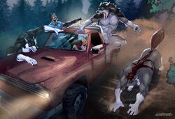 ambiguous_gender anthro balls canid canine canis car forest genitals group gun human humanoid luwynwusky male male_focus mammal rakan_(werewolf) ranged_weapon scrappyvamp sniperwolfscout tree vehicle weapon were werecanid werecanine werewolf wolf