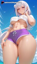 1girls 2025 ai_assisted ai_generated anime artist_name bangs bird blue_sky blush braid breasts bust cloud elf emilia_(re:zero) explicit female_genitalia flower genitals hair_flower hair_ornament hi_res high_quality high_resolution highres long_hair looking_at_viewer navel outdoors patreon patreon_username pointy_ears purple_eyes purple_ribbon pussy re:zero_kara_hajimeru_isekai_seikatsu seagull shorts silver_hair sky skypassion stable_diffusion uncensored_pussy uncensored_vagina underboob wading water watermark