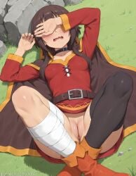 ai ai_art ai_generated anus asymmetrical_legwear bandaged_leg bandages belt black_choker black_thighhighs blush boots breasts brown_belt brown_cape brown_footwear brown_hair cape choker cleft_of_venus collarbone covering_face covering_own_eyes crossed_ankles dress female female_only grass knees_up kono_subarashii_sekai_ni_shukufuku_wo! konosuba long_sleeves lying megumin mismatched_legwear no_panties on_back on_ground open_mouth orange_footwear outdoors pussy red_dress rock short_hair short_hair_with_long_locks single_thighhigh small_breasts solo tagme thighhighs uncensored wavy_mouth web_address xxai