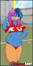 2014 big_breasts blue_body blue_eyes blue_feathers blue_hair breasts curvaceous curvy curvy_figure duck duck_bill duck_girl duck_tail female football_field football_jersey football_uniform jersey jupiter_(mastergodai) knuckle_up! looking_at_viewer mastergodai pink_hair red_thong scarlet_(mastergodai) short_hair tail thighs thong underboob voluptuous voluptuous_female x_league