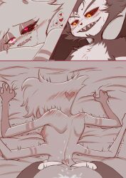 2boys 4_arms anal anal_penetration anal_sex angel_dust_(hazbin_hotel) anthro artist_request bed bedroom black_sclera blush cat cat_humanoid comic cum fangs feline feline_humanoid femboy from_behind furry gay gay_sex glowing glowing_eyes grabbing_sheets hazbin_hotel heart heart_symbol hearts heterochromia husk_(hazbin_hotel) indoors male male/male male_only monochrome penetration pink_eyes sex sharp_teeth source_request textless twink yaoi yellow_eyes