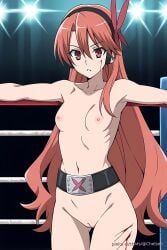 ai_generated akame_ga_kill! bleeding blood_drip boxing boxing_gloves boxing_ring breasts brown_hair championship_belt chelsea_(akame_ga_kill!) cuts exhibitionism headphones injured injury lv99slime medium_breasts naked naked_female nipples nude nude_female pussy vagina