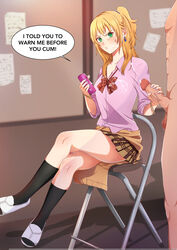 1boy 1girls absurd_res aihara_yuzu anger_vein black_legwear blonde_hair citrus_(saburouta) clothed_female_nude_male crossed_legs cum cum_on_body cum_on_face green_eyes gyaru handjob hoop_earrings ichocolatedonuti miniskirt phone school_uniform shoes straight text uwabaki whentai