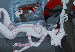 2boys 4_arms angel_dust_(hazbin_hotel) anthro artist_request bed bedroom blowjob blush cat cat_humanoid closed_eyes feline feline_humanoid fellatio femboy fur furry gay gay_sex hazbin_hotel husk_(hazbin_hotel) indoors male male/male male_only masturbating_during_fellatio masturbation penis sharp_teeth source_request upside-down upside_down_fellatio wings yaoi
