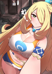 2girls :t armlet blonde_hair blush breasts brown_hair choker clavicle cleavage closed_mouth cosplay crop_top cynthia_(pokemon) double_bun erect_nipples erect_nipples_under_clothes female hair_ornament hair_over_one_eye high_resolution huge_breasts human indoors japanese_text jewelry kikikitama long_hair looking_at_viewer multiple_girls navel nessa_(pokemon)_(cosplay) nintendo nipple_bulge nipples pokemon pokemon_bw2 pokemon_dppt pokemon_ss pouting rosa_(pokemon) self_shot shorts source_request speech_bubble thigh_gap thighs tied_hair translated twintails upper_body very_high_resolution very_long_hair yellow_eyes