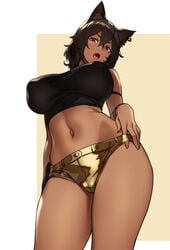 1girls animal_ears bastet_(houtengeki) big_breasts breasts brown_hair cleavage dark-skinned_female egyptian erect_nipples female female_only houtengeki large_breasts looking_at_viewer medium_hair nipples red_eyes simple_background solo