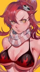 1girls big_eyes bikini cleavage female ibuo large_breasts orange_background painting_(artwork) portrait red_hair solo tengen_toppa_gurren_lagann yellow_eyes yoko_littner