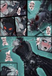 1boy 1girls bite biting black_panties black_penis blood bloodborne clothed clothed_sex comic dark-skinned_male dark_hair dark_skin defeated defeated_heroine doggy_style doujinshi dripping dripping_pussy dripping_wet embarrassed from_below fromsoftware fucked_silly gloves grabbing grabbing_from_behind head_grab hunter_(bloodborne) iiimp lady_maria_of_the_astral_clocktower long_tongue looking_pleasured mature_female pale-skinned_female pale_skin pinned_down possessed possession prone_bone rape red_eyes restrained ripped_clothes ripped_clothing ripped_pants saliva saliva_trail scared sex_from_behind stabbed stabbing struggling sword torn_clothes torn_clothing torn_pants vagina vaginal vaginal_insertion vaginal_penetration wet_pussy white_eyes white_hair