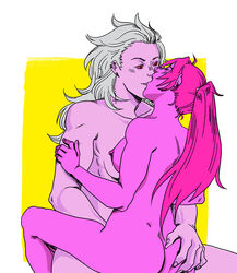 2girls ass ass_grab dorohedoro female_only hand_on_ass kissing long_hair multiple_girls nikaido nipples noi_(dorohedoro) nude pink_hair pink_skin ponytail racqueer red_eyes sex simple_background yuri