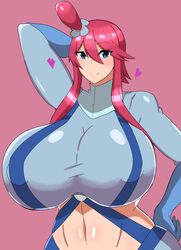 1girls alternate_breast_size ayamahi big_breasts blue_eyes breasts_bigger_than_head female huge_breasts human large_breasts nintendo pokemon pokemon_bw skyla_(pokemon) small_head solo standing tan-skinned_female tan_skin