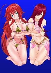 2girls ahoge alternate_costume arabian_clothes armband bangs barefoot belly_dancer big_breasts bikini blue_eyes blush boobs breast_hold breasts cleavage collarbone commission copykat copykatcomics crossed_arms dancer dancer_outfit demon_girl deviantart_copykatcomics erza_scarlet fairy_tail female female_only hair_over_one_eye harem_outfit high_school_dxd human jewelry large_breasts long_hair looking_at_viewer micro_bikini patreon_becauseiloveyourfeet red_hair revealing_clothes rias_gremory seductive seductive_look seductive_smile sideboob skimpy skimpy_clothes smile tattoo underboob very_long_hair