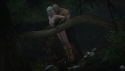 1boy 1girls 3d bald breast_grab cd_projekt_red ciri from_behind gloves leaning_forward letho_of_gulet night outdoors the_witcher the_witcher_(series) the_witcher_2 the_witcher_3:_wild_hunt tree_branch weebstank