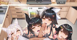 1boy absurdres animal_ears atago_(azur_lane) azur_lane black_hair black_pants blush bow bread breasts brown_eyes choukai_(azur_lane) cutting_board dress extra_ears eyebrows_visible_through_hair female food hair_between_eyes hair_flaps hair_ornament hairbow hairclip highres holding indoors jianshu kitchen kitchen_knife large_breasts long_hair looking_at_viewer looking_up maya_(azur_lane) multiple_girls onion open_mouth oral oven pants penis penis_on_tongue pink_dress pink_shirt ponytail refrigerator ribbon sandwich shirt short_hair sitting sleeveless sleeveless_dress smile straight takao_(azur_lane) tongue tongue_out very_long_hair white_hair white_ribbon white_shirt