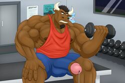 3:2 alex_(bayron) anthro bayron_(artist) bench black_hair bodily_fluids boner bovid bovine brown_body brown_skin bulge carpet cattle clothing door drinking_fountain erection exercise facial_hair gay_water genital_fluids genitals goatee green_eyes gym gym_clothing hair hi_res horn male male_only mammal muscular muscular_male penis piercing poster precum red_clothing sitting solo spiked_hair sweat vein weights window workout