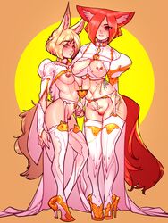 2girls animal_ears blonde_hair cheunchin christine_delfaux full_body hair_over_one_eye large_breasts lingerie medium_breasts multiple_girls nipple_piercing pubes red_hair standing tattoo