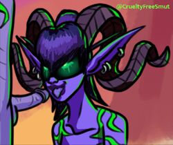 1boy 1girls 2020 alliance_(warcraft) alternate_version_available aranna_starseeker ashes_of_outland blizzard_entertainment crueltyfreesmut demon_hunter ear_piercing earrings elf elf_ears glowing_eyes green_eyes hearthstone horns illidan_stormrage illidari looking_up night_elf night_elf_demon_hunter open_mouth penis pierced_ears piercing pointy_ears purple_hair purple_skin smile tattoo tongue tongue_out twitter_username warcraft