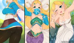 1girls aqua_eyes ass belly blonde_hair bracelet breath_of_the_wild bubble_butt cleavage demigoddess draltruist female fingerless_gloves fully_clothed gerudo_link_(cosplay) gerudo_outfit gerudo_set gerudo_sirwal gerudo_top gerudo_veil hylian large_breasts long_hair looking_at_viewer necklace pointy_ears princess_zelda royalty selfie silent_princess smile teenager the_legend_of_zelda veil wink zelda's_ceremonial_robes zelda_(breath_of_the_wild)