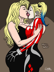 2girls batman_(series) black_dress blonde_hair bodysuit closed_eyes crossover curly_hair dc dc_comics docking french_kissing gloves harley_quinn kaywest kelly_bundy kissing lipstick making_out married_with_children multiple_girls nail_polish pigtails pink_lipstick red_lipstick red_nail_polish spandex tongue_kiss yuri