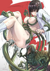 1girls anal areolae bangs black_hair blue_hair blunt_bangs blush breasts censored closed_eyes clothing cum cum_in_ass cum_in_pussy cum_inside double_penetration female hair_ribbon hifumi_togo hime_cut interspecies jelly_shrimp legs_together mara_(megami_tensei) medium_breasts monster mosaic_censoring nipples open_clothes open_mouth penetration persona persona_5 pussy rape restrained ribbon sex shin_megami_tensei shirt size_difference solo_focus suspension sweat tentacle tentacle_monster tentacle_sex tongue tongue_out vaginal_penetration