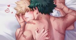 2boys bakubottom blonde_hair blush freckles green_hair hand_holding hand_on_back heart-shaped_pupils izuku_midoriya katsuki_bakugou kissing my_hero_academia nitro_sugar pinned scar sweat yaoi