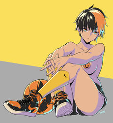 1girls air_jordan ass bangs basketball black_hair breasts brown_eyes brown_hair dark-skinned_female dark_skin fan_(f.w.zholic) halloween high_resolution highres kneehighs looking_at_viewer multicolored_hair nike original original_character pasties pumpkin_pasties shoes short_hair shorts sitting sneakers topless yellow_legwear