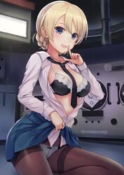 blonde blonde_hair blue_eyes bow_panties bra braided_hair darjeeling girls_und_panzer n.g. open_shirt panties panties_under_pantyhose pantyhose shirt skirt skirt_lift tagme thighband_pantyhose tie tie_between_breasts white_panties