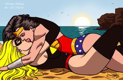 2girls beach black_hair blonde_hair carol_danvers crossover dc dc_comics diana_prince female female/female female_only female_superhero kaywest kissing leotard marvel marvel_comics ms._marvel ms._marvel_(carol_danvers) multiple_girls on_top superhero superheroine tongue_kiss wonder_woman wonder_woman_(series) yuri