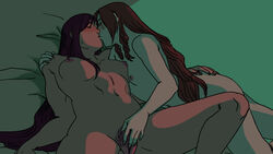 2girls aerith_gainsborough closed_eyes final_fantasy final_fantasy_vii kissing long_hair multiple_girls nude pubes pubic_hair pussy racqueer sex shadow tifa_lockhart yuri