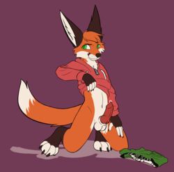 animal_genitalia animal_penis anthro bodily_fluids canid canine canine_penis clothed clothing fox genital_fluids genitals green_eyes hi_res male male_only mammal martinballamore partially_clothed penis precum precum_drip red_fox sheath solo