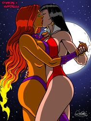 2017 2girls bikini_armor clothed clothed_female clothes clothing crossover dc dc_comics eyes_open female female/female female_only green_eyes holding_hands human human_on_humanoid humanoid interspecies interspecies_yuri kaywest kiss kissing koriand'r leotard light-skinned_female light_skin moonlight orange-skinned_female orange_skin revealing_clothes signature starfire superheroine surprised tamaranean teen_titans vampire vampirella yuri