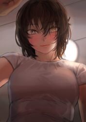 1girls amagi_yui brown_hair heterochromia kilye_4421 looking_at_viewer short_hair t-shirt