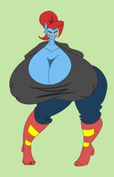 1girls 2020 alternate_breast_size anthro anthro_only ass bestthe big_ass big_butt black_pupils black_shirt blue_body blue_breasts blue_pants blue_skin boots breasts butt cleavage cleavage_cutout cleavage_overflow clothed_female deltarune ear_fins eye_contact eyebrows female female_only fins fish fish_girl fish_humanoid fully_clothed green_background head_fins high_heel_boots hips huge_ass huge_butt hyper hyper_ass hyper_breasts large_ass large_butt leaning leaning_forward looking_at_viewer marine marine_humanoid nipples_visible_through_clothing no_eyepatch ponytail red_boots red_eyebrows red_hair rusfish sharp_teeth slit_pupils smile smiling_at_viewer solo solo_female thick thick_ass thick_thighs thighs tight_clothing toby_fox undertale undertale_(series) undyne wide_hips yellow_eyes yellow_sclera