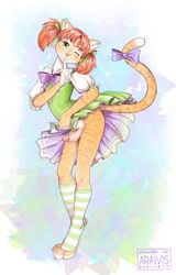 2020 4_toes 5_fingers absurd_res anthro araivis-edelveys clothed clothing crossdressing digital_media_(artwork) digitigrade domestic_cat dress felid feline felis fingers green_eyes hair hi_res male male_only mammal orange_hair smile solo toes