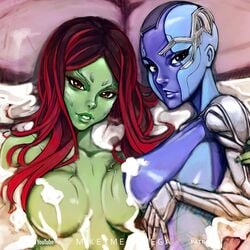 2d 2girls adoptive_siblings alien alien_girl alien_look_like_human big_breasts blue_skin cum female_only gamora green-skinned_female green_skin guardians_of_the_galaxy long_hair marvel mikeymegamega multiple_girls nebula_(marvel) soap_censor