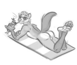 anthro ass balls baseddook beach beach_towel beverage domestic_ferret eyewear feet genitals male male_only mammal monochrome mustela mustelid musteline nicnak044 paws pinup pinup_pose pose seaside solo sunglasses