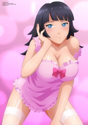 1girls aged_up bent_over blue_eyes boruto:_naruto_next_generations breasts chemise cleavage facial_markings female female_only lingerie looking_at_viewer naked_apron naruto naruto_(series) nightie off_shoulder posing purple_hair shounen_jump smile standing stockings uzumaki_himawari zel-sama