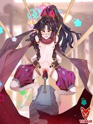 1girls barefoot belly_bulge blush bondage bulge deep_blush female femsub looking_at_viewer restrained sex_machine sybian tagme tagme_(character) yellow_eyes yeougui