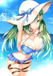 1girls beach belly big_breasts bikini blue_bikini cleavage female fire_emblem fire_emblem:_path_of_radiance fire_emblem:_radiant_dawn green_hair hat huge_breasts large_breasts long_hair midriff nephenee_(fire_emblem) seaside solo sun_hat swimsuit tea_texiamato thick_thighs