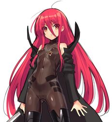 alastor_(shakugan_no_shana) alternate_costume bangs bare_shoulders black_legwear bodysuit breasts eyebrows_visible_through_hair eyes_visible_through_hair female hair_between_eyes holding holding_sword holding_weapon jewelry katana long_hair looking_at_viewer necklace ohlia parted_lips red_eyes red_hair shakugan_no_shana shana simple_background small_breasts solo sword thighhighs trench_coat v-shaped_eyebrows very_long_hair weapon white_background