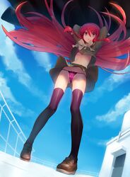 blush bra commentary_request female flat_chest highres jewelry long_hair navel ohlia panties pendant red_eyes red_hair school_uniform shakugan_no_shana shana shirt_lift skirt skirt_lift solo sword thighhighs underwear very_long_hair weapon wind wind_lift