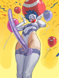 1girls 2020 balloon balloons blue_eyes blue_hair clown clown_girl clown_makeup clown_nose confetti facepaint female knees_together low_angle ordnance original_character penis_growth shaved_pussy shocked smile spandex thighhighs wide_hips