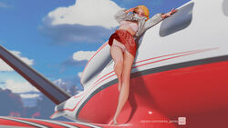 1girls airplane arm_support barefoot blonde_hair bra clothed cloud female from_below leaning legs manka_games outdoors pantyshot perspective pilot pinup plane purple_eyes red_skirt sky solo solo_focus underwear wind_lift