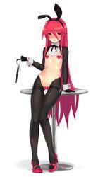 animal_ears bangs black_gloves black_hairband black_legwear blush bunny_ears bunny_tail buttplug_tail cameltoe covered_nipples fake_animal_ears fake_tail female flat_chest full_body gloves hair_between_eyes hairband heart_pasties high_heels highres key long_hair looking_at_viewer maebari meme_attire navel nose_blush ohlia parted_lips pasties pink_footwear revealing_clothes reverse_bunnysuit reverse_outfit shakugan_no_shana shana shrug_(clothing) sitting solo stomach sweat tail thigh_strap very_long_hair wrist_cuffs