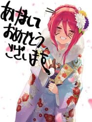 :d brush calligraphy calligraphy_brush face_painting female grin hagoita hair_ornament hair_stick hanetsuki highres holding_brush ink japanese_clothes kimono long_hair looking_at_viewer new_year ohlia open_mouth paddle paintbrush red_eyes red_hair shakugan_no_shana shana smile solo teeth writing