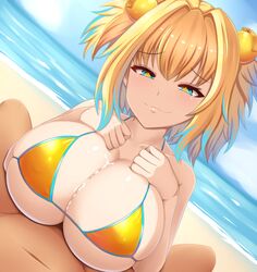 +_+ 1boy 1girls beach bikini blonde blonde_hair blue_eyes blue_hair bombergirl breasts clothed_female_nude_male cloud covered_paizuri cum cum_between_breasts cum_on_body cum_on_breasts cum_on_upper_body ejaculation ejaculation_between_breasts explosive grenade grenade_hair_ornament large_breasts multicolored_hair ocean paizuri paizuri_under_clothes penis pine_(bombergirl) renetan short_hair smug straight swimsuit symbol-shaped_pupils twintails two-tone_hair yellow_bikini yellow_pupils